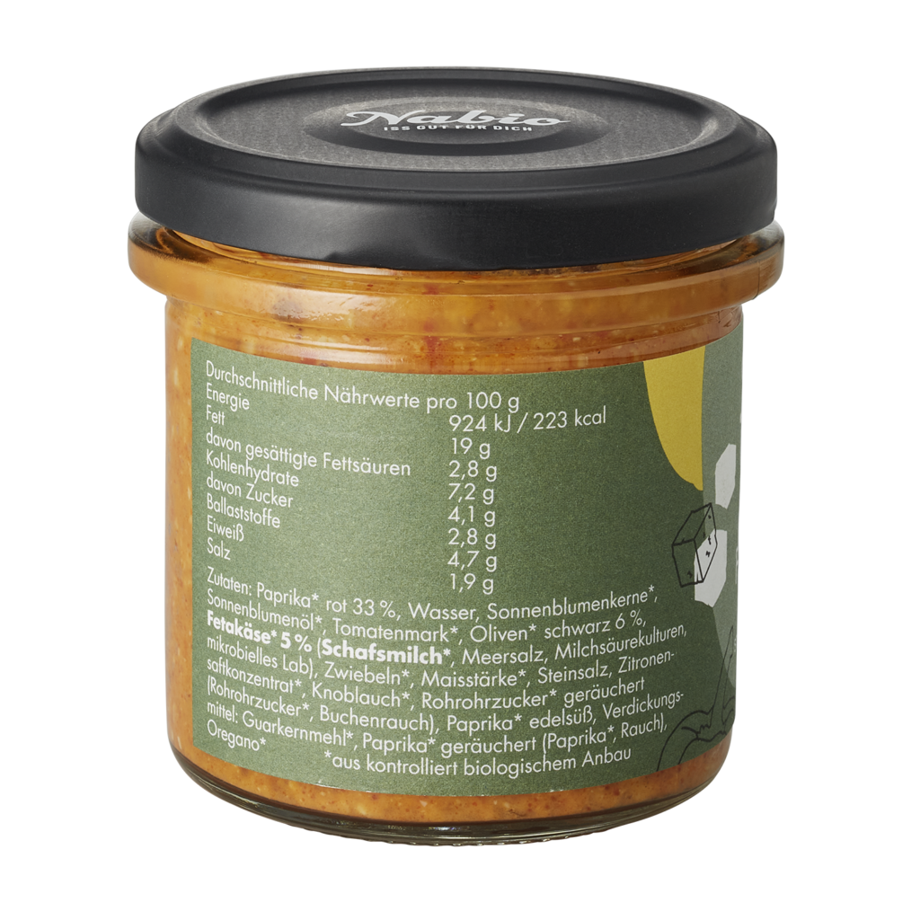 Paprika Feta Olive Aufstrich Rückseite mit Nährwerttabelle